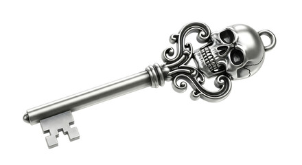 Ornate silver key with a skull design, adding a touch of gothic and mysterious charm isolated on transparent background