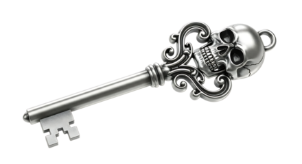 Ornate silver key with a skull design, adding a touch of gothic and mysterious charm isolated on transparent background