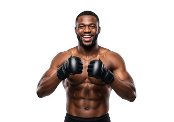 Smiling african american boxer giving thumbs up with boxing gloves, fitness, athlete, gym, workout isolated on transparent background