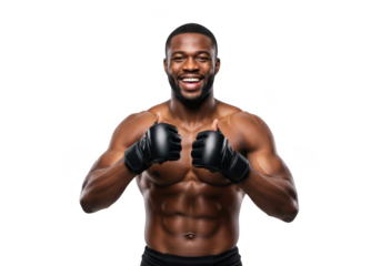 Smiling african american boxer giving thumbs up with boxing gloves, fitness, athlete, gym, workout isolated on transparent background