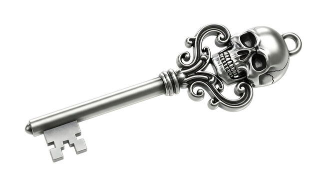 Ornate silver key with a skull design, adding a touch of gothic and mysterious charm isolated on transparent background