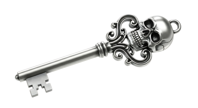 Ornate silver key with a skull design, adding a touch of gothic and mysterious charm isolated on transparent background
