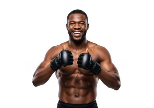 Smiling african american boxer giving thumbs up with boxing gloves, fitness, athlete, gym, workout isolated on transparent background