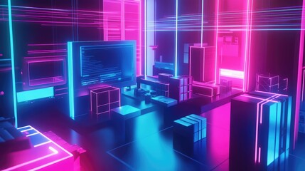 Digital data processing in futuristic neon server room