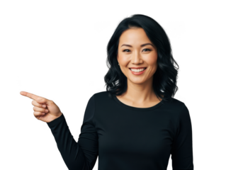 Smiling woman pointing to the side isolated on transparent background