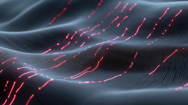 piece of smart fabric, with microscopic, glowing threads woven into the material, close-up shot showing the flexible electronic weave, technology and textile fusion, photorealistic. 