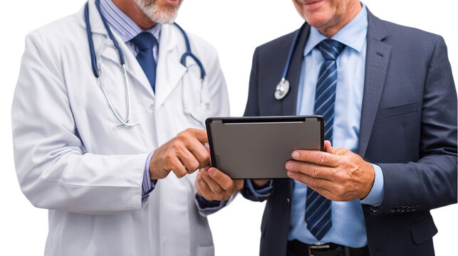 Doctors collaborating over digital tablet.