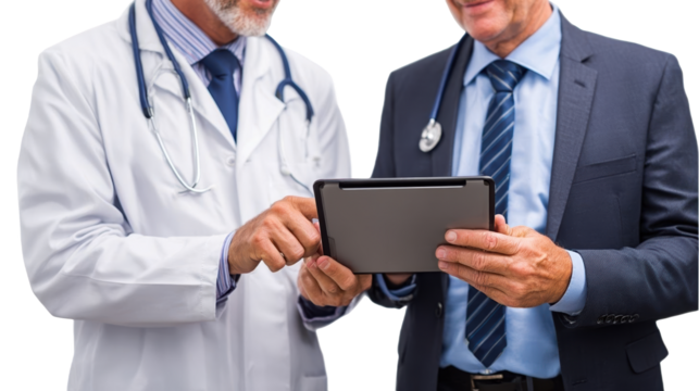 Doctors collaborating over digital tablet.