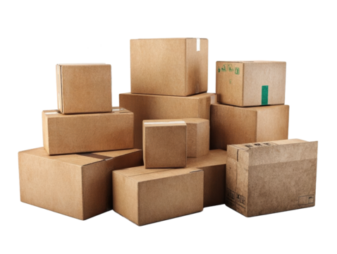 Stacked cardboard boxes for shipping purposes.