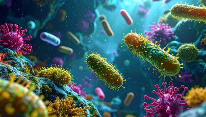 Fototapeta premium Colorful microscopic view of microorganisms in aquatic environment