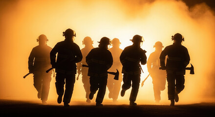 Dedicated firefighters running heroically towards danger in smoky haze, embodying courage and teamwork, ready to save lives in emergency situations