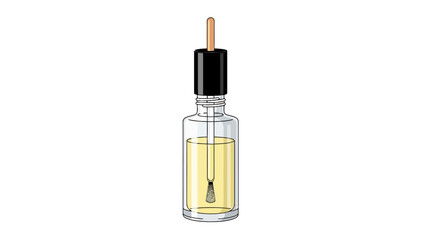 Clear glass bottle of yellow liquid with black cap brown applicator and brush on white background