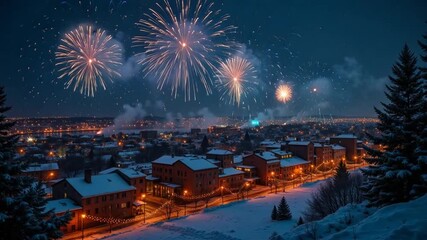 Spectacular fireworks light up a winter cityscape, celebrating New Year's Eve with vibrant colors and holiday cheer over snow covered buildings at night