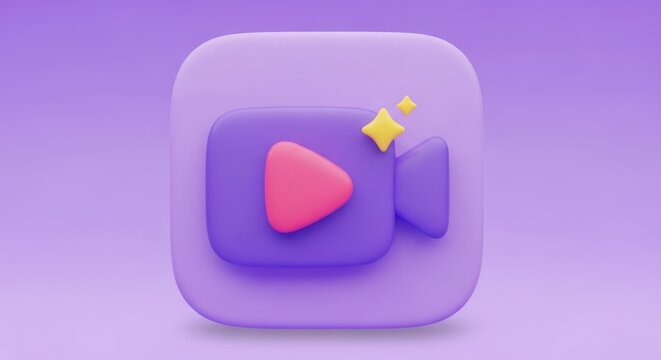 3d purple video play button icon with sparkles