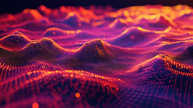 Abstract data network with futuristic waves and grid