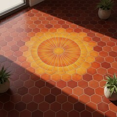 Geometric terracotta tile pattern with sunburst orange gradients