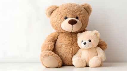 Obraz premium Two Teddy Bears One Large Brown One Small Beige Sitting Together Indoors With White Wall Background Soft Lighting