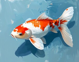 A vibrant, watercolor-style image depicts a colorful koi swimming in a tranquil aquatic environment, featuring flowing fins
