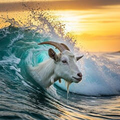 Goat Head Emerging from Waves A white goat head emerging from cr