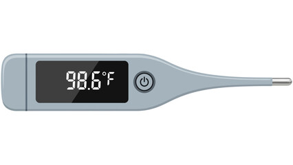 Gray digital thermometer displaying 986F on a dark screen featuring a power button against a white background
