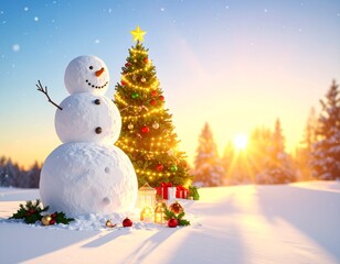Obraz premium A cheerful snowman stands beside a decorated Christmas tree in a snowy winter landscape at sunrise.
