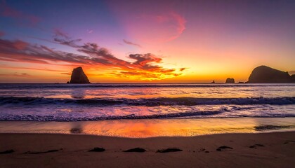 A vibrant sunset over a calm ocean, silhouetting rock formations. Waves gently lap the sandy shore, reflecting the warm colors above