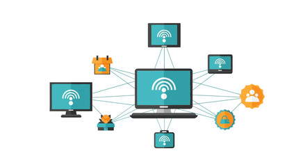 Network diagram showing a central computer connected to devices and icons with WiFi symbols