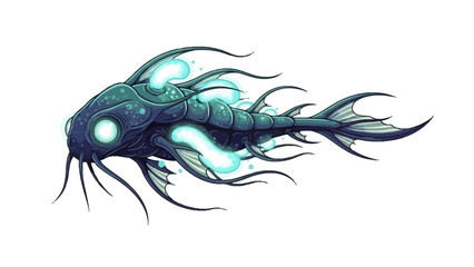 Pixel art bioluminescent deepsea creature with glowing eyes segmented body fins and long tentacles on a white background