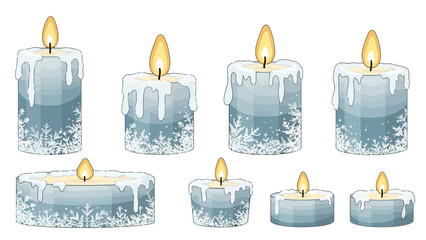 Pixel art candles in various sizes with bluegrey bodies white wax drips and snowflake patterns all with lit wicks