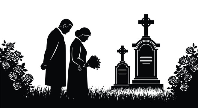 Mourning couple at cemetery with flowers and gravestones vector
