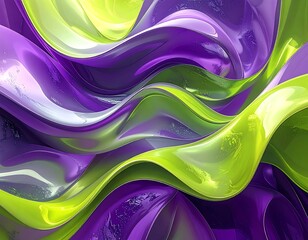 A vibrant digital artwork features flowing, glossy, organic forms in shades of purple and bright chartreuse green. Light reflects off surfaces