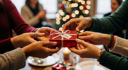 Diverse Hands Exchanging Gift at Community Holiday Gathering