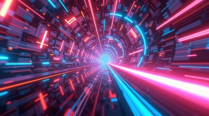 Abstract neon tunnel with futuristic glowing lights and geometric shapes