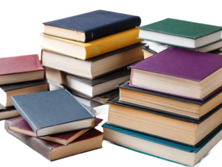 Collection of colorful stacked books.