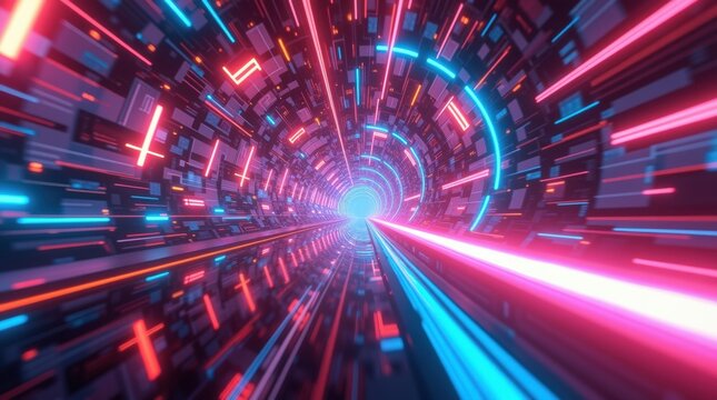 Abstract neon tunnel with futuristic glowing lights and geometric shapes