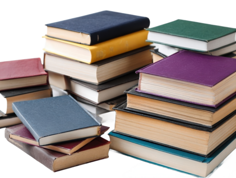 Collection of colorful stacked books.