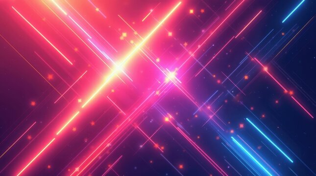 Abstract neon light streaks and particles in a dark space