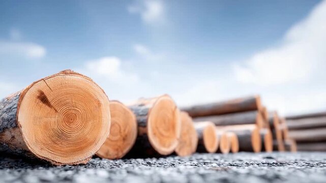Timber Harvest: A captivating view of neatly arranged tree trunks and timber logs, cut and stacked against a backdrop of a clear, bright sky. Representing industry and sustainable practices.