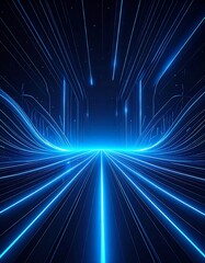 A vibrant digital illustration depicts flowing blue lines converging towards a bright central point against a dark background