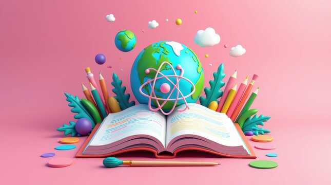 Open book with globe and art supplies on pink background celebrating education and creativity - Powered by Adobe