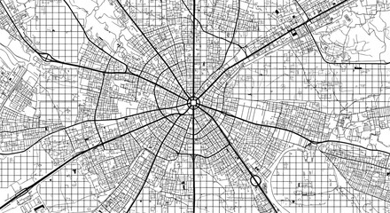Detailed black and white cartographic illustration of a city's complex radial and grid-based road network, highlighting urban planning and infrastructure.