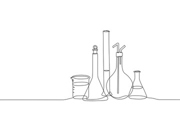 Minimal continuous one-line vector illustration of laboratory glassware, featuring beakers and flasks arranged in a clean, modern scientific composition, Editable stroke