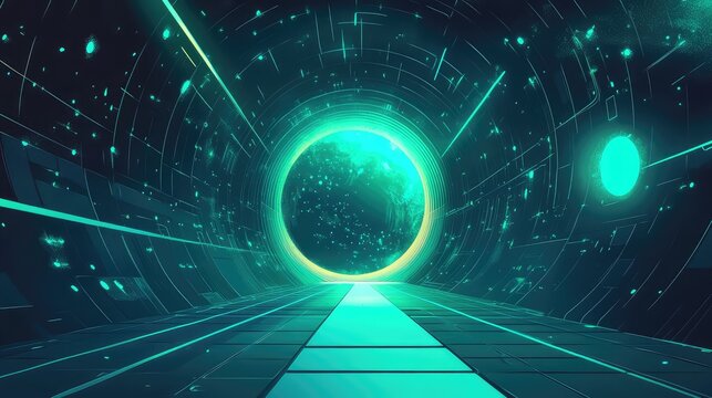 Navigating digital data tunnel towards a futuristic portal - Powered by Adobe