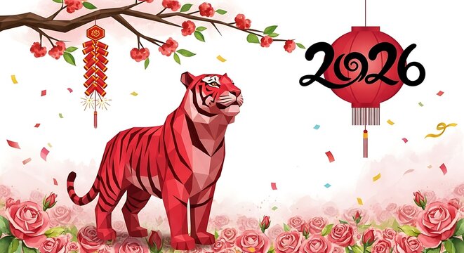 A vibrant illustration of the year 2026, the year of the tiger in the chinese zodiac, with a red tiger and traditional chinese decorations