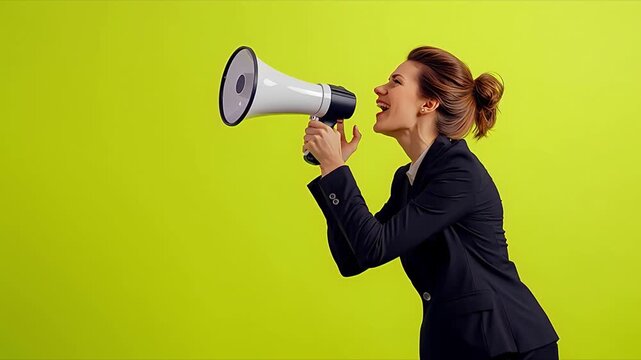 Corporate Announcement: A confident businesswoman harnesses the power of communication, emphatically using a megaphone to deliver a vital message against a vibrant green backdrop.