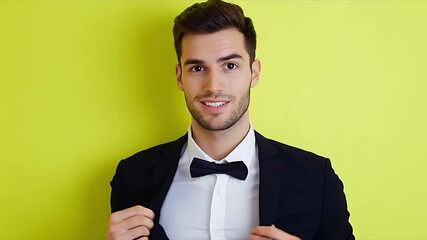 Elegant Man in Black Suit: A sharply dressed man with a confident gaze dons a classic black suit and bow tie, his sophisticated appearance highlighted by a vibrant backdrop. 