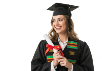 Young woman in graduation gown holding diploma isolated on transparent background