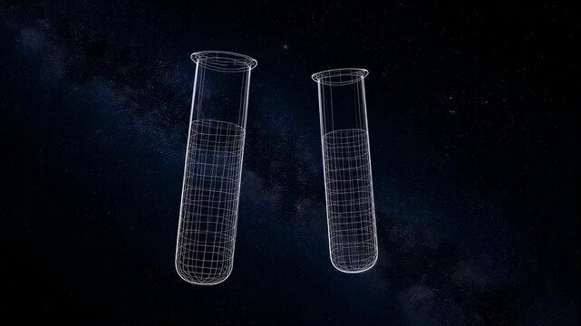 3 d wireframe test tubes with liquid against a cosmic background