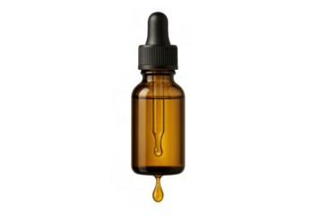 Amber glass dropper bottle with pipette dispensing a single drop of serum, oil, or cosmetic liquid, transparent background