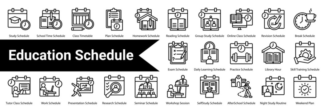 Education Schedule icon sheet and collection containing:  study schedule, school time schedule, class timetable, plan schedule, homework schedule, reading schedule, group study schedule